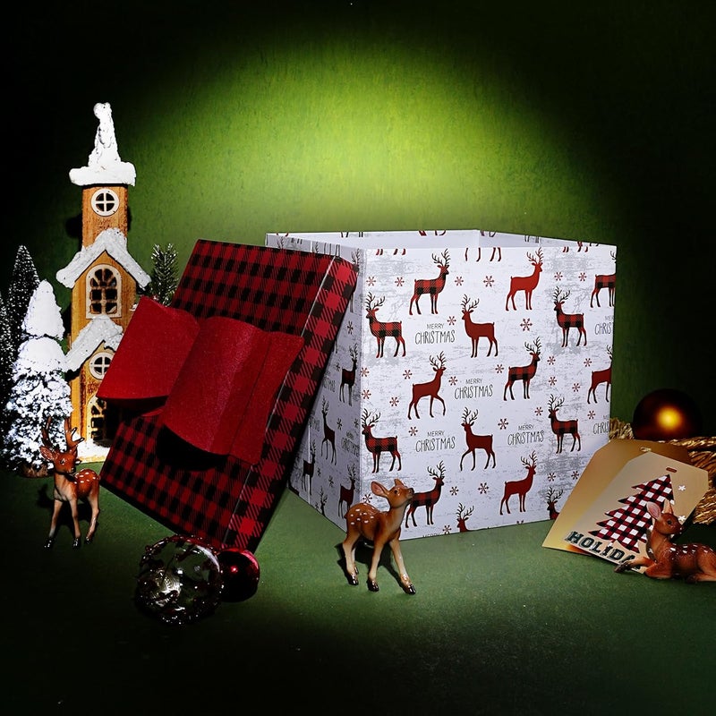 LaRibbons Large Christmas Gift Boxes with Lids,10x10x10 Inches Deer Design Folding Square Gift Boxes for Christmas Decorative,Xmas,Present,Storage,Red and White - Image 2